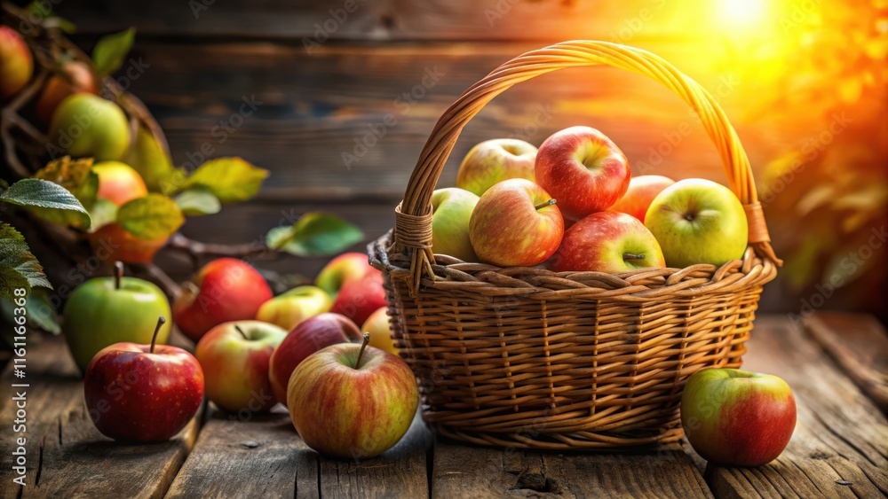 Poster a wicker basket overflowing with freshly picked apples, bathed in warm sunlight on a rustic wooden s