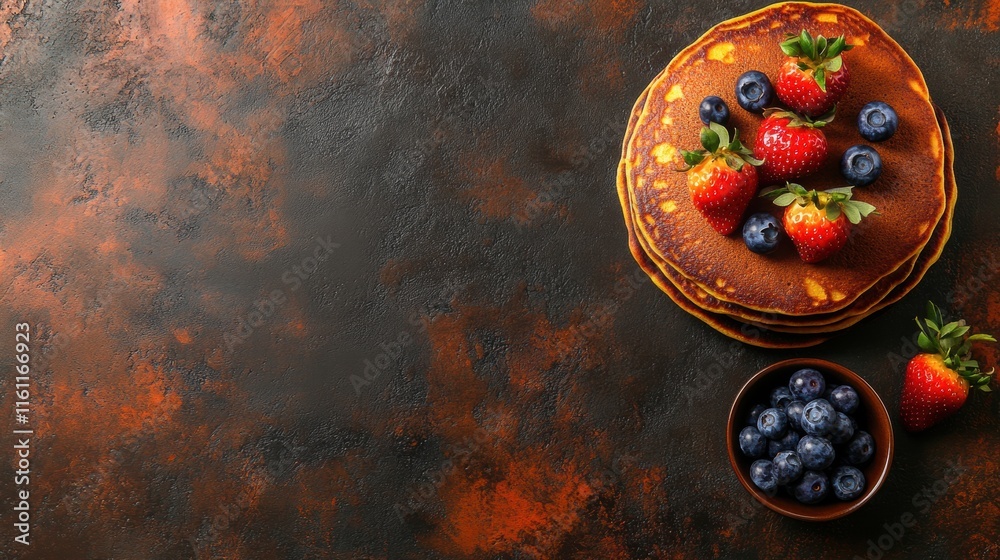 Poster stack of golden pancakes topped with fresh strawberries and blueberries ready to be enjoyed in a coz