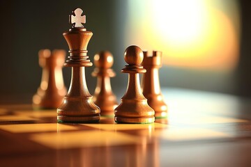photo of wooden chessboard with checkmate position pieces in focus while background is blurred with clear copy space