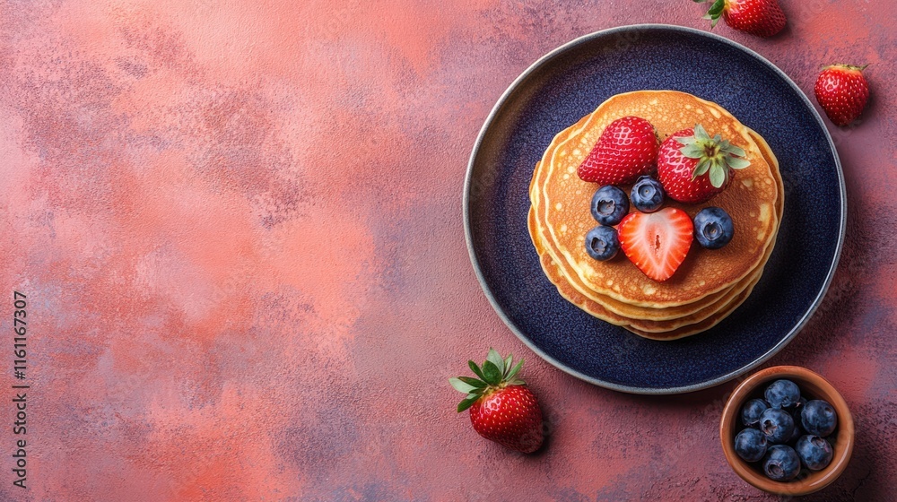 Poster delicious stack of golden pancakes topped with fresh strawberries and blueberries on a colorful back