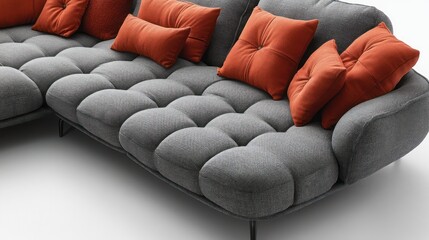 Fototapeta premium A modern gray sofa with plush cushions, designed for comfort and contemporary living spaces.