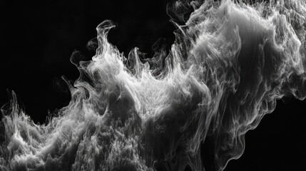 Smoke swirls and billows in various forms, creating intricate patterns against a black backdrop, showcasing fluidity and movement in monochrome tones