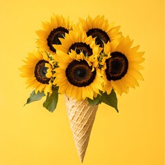 Sunflowers in ice cream cone on yellow background.