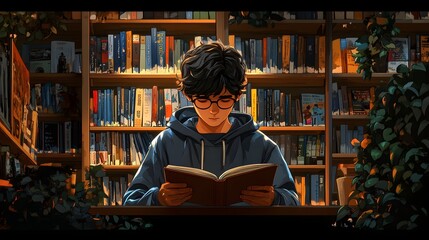 Lofi anime style illustration of A young man sits in a warm, inviting library engrossed in a book. The scene is peaceful and evokes a sense of calm.