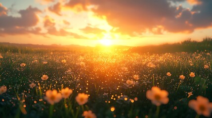 Naklejka premium Vibrant sunset over a dewy field of wildflowers.