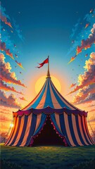 Colorful circus tent at sunset with dramatic sky and vibrant clouds