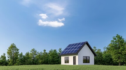 Obraz premium Sustainable Home with Solar Panels and Green Garden