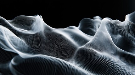 Naklejka premium Translucent fabric flows gracefully in soft waves, reflecting varying light patterns against a dark background, creating an ethereal and calm ambiance