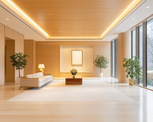 Fototapeta premium Modern Lobby Interior Design with Light Wood and Minimalist Furniture