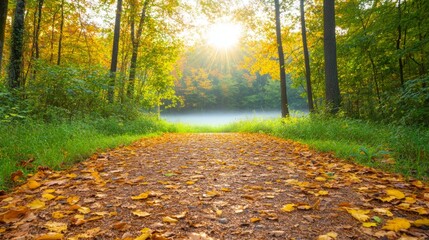 Obraz premium Autumn Path Through Misty Forest.