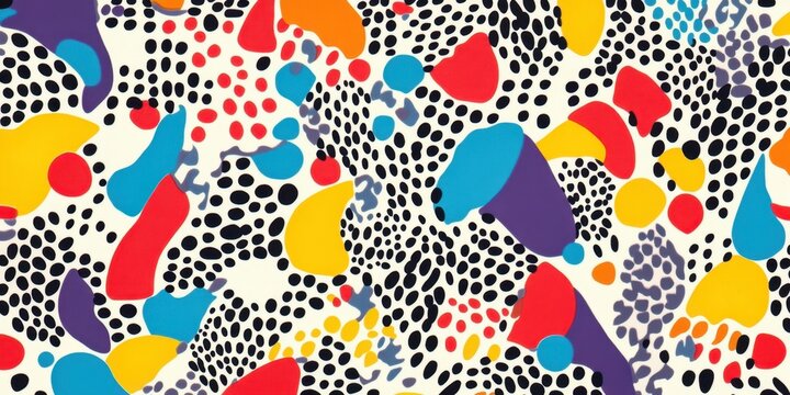 Bright colors and various shapes create an energetic abstract composition, filled with dots, curves, and playful designs that engage the viewer