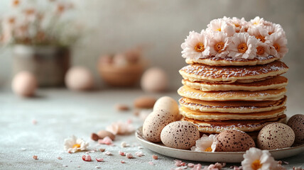 A stack of pancakes and Easter eggs. Space for the text.