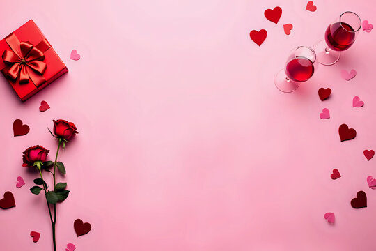 Valentines day banner with gift, red roses, hearts wine and table place setting on pink background. View from above. Greeting card. Invitation to romantic dinner.