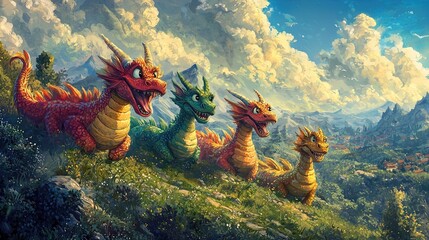 A vibrant and colorful illustration depicting four cartoonish dragons with exaggerated features standing on a hillside against a picturesque landscape. The dragons, each in different colors—red, green