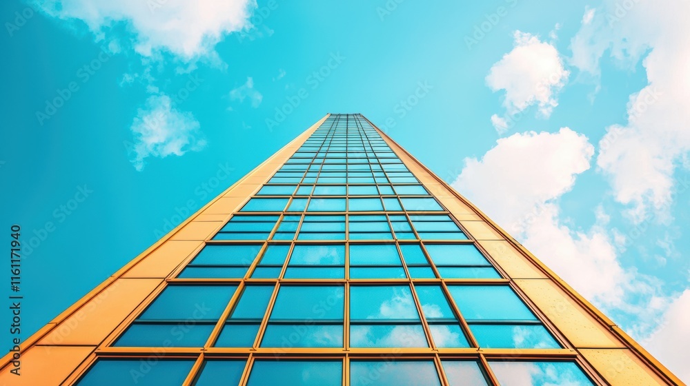 Poster a low angle shot of a skyscraper with a distinctive triangular facade, emphasizing its towering heig