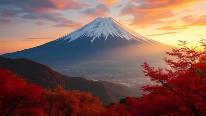 Majestic Mt. Fuji at Dawn, Autumnal Landscape with Golden Light and Crimson Maple Trees