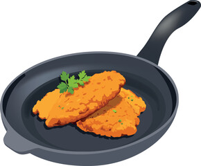Breaded cutlets frying in a pan with parsley garnish