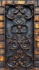 Ornate Rusty Metal Panel on Brick Wall - Architectural Detail