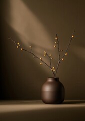 Elegant Brown Vase Displaying Branches with Yellow Berries in Light