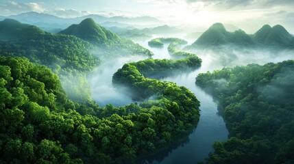 A dense canopy of trees stretching as far as the eye can see, their leaves forming a sea of green, with winding rivers and hidden clearings adding to the mystery.