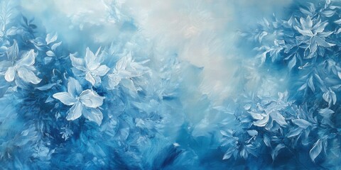 Bright blue and white flowers create a calming atmosphere, surrounded by soft textures that blend harmoniously, evoking a serene and peaceful vibe