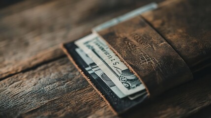 Vintage Leather Wallet with Cash on Rustic Wooden Surface