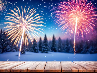 Festive Winter Fireworks over Snowy Landscape with Wooden Table
