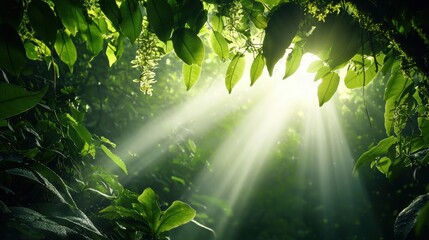 Obraz premium Sunlight filters through the dense canopy of a tropical rainforest, illuminating vibrant green foliage and a network of ancient, moss covered vines.