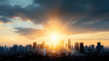 Obraz premium Sunbeams piercing through a cloudy sky, illuminating a cityscape below with a warm, golden light and a lens flare creating a dramatic focal point.