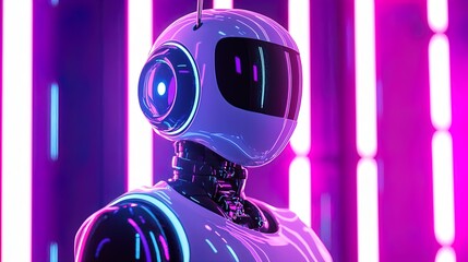 A futuristic robot with a sleek, glossy surface and a minimalist design stands prominently against a backdrop of vibrant neon lights in purple and blue hues. The robot's head features a large, reflect