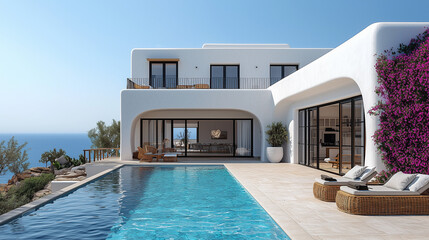 Fototapeta premium Villa de style mykonien luxueuse avec architecture cycladique traditionnelle