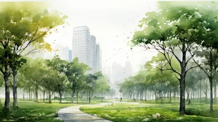 Urban Oasis: A Serene Watercolor Park Landscape