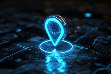 Glowing neon location pin on a digital map.  Futuristic technology concept.