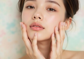 Obraz premium Portrait of a woman with glowing skin and soft makeup, surrounded by pastel tones and skincare essentials