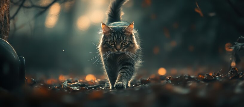 A long-haired gray tabby cat walking through the yard