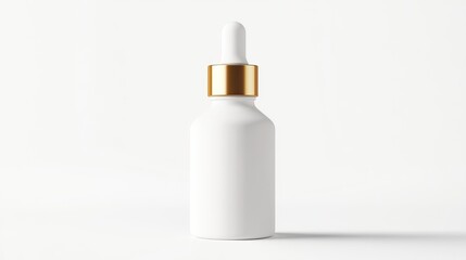 A sleek white dropper bottle with a gold cap stands against a plain background, highlighting its simple yet elegant design and versatility for various uses