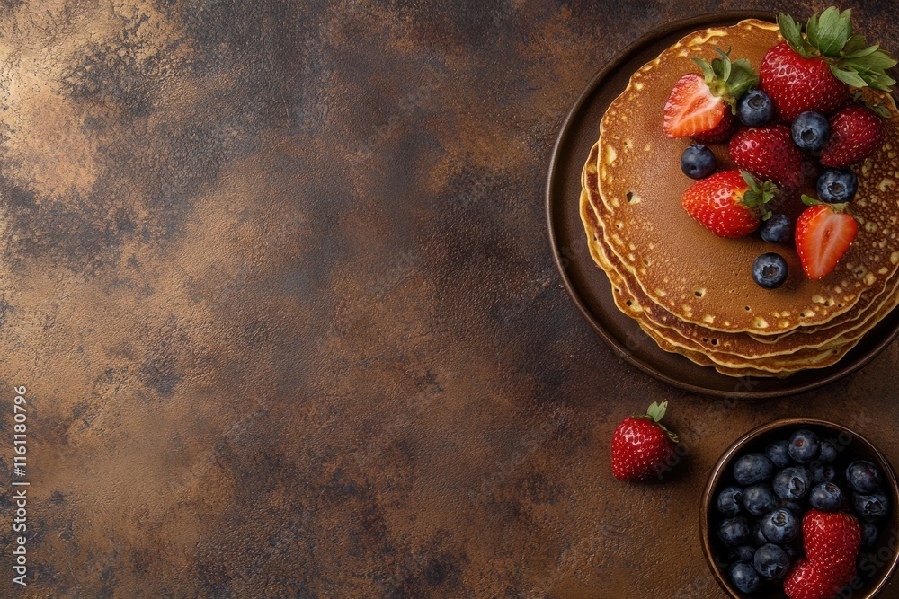 Poster fluffy golden pancakes with fresh strawberries and blueberries offering a delicious breakfast experi