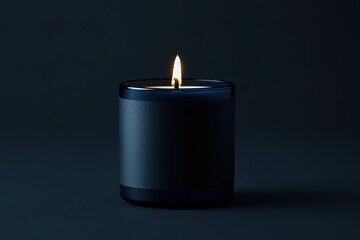A single lit candle in a dark room. The candle is in a dark blue jar with a matte gray label. The flame is small and creates a warm glow.