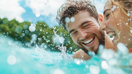 Fototapeta premium A couple playfully splashing each other in a crystal clear lake, their laughter echoing across the water as they enjoy a refreshing dip.