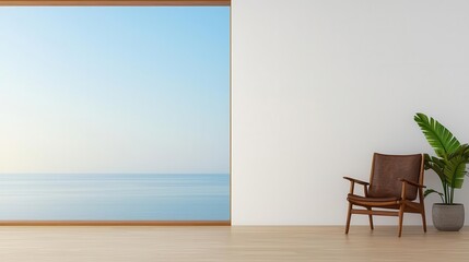 Fototapeta premium Minimalist modern living room with a panoramic ocean view, luxury simplicity, tranquil lifestyle
