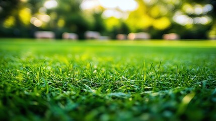 Naklejka premium Vibrant Green Grass Close-Up: A Summer Day in the Park