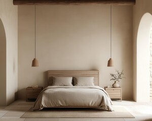 Cozy minimalist bedroom with neutral tones, layered textures, and pendant lighting, modern comfort, restful space