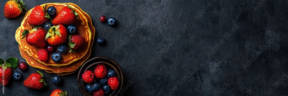 Poster delicious stack of golden pancakes with fresh strawberries and blueberries ready for breakfast on a 