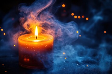 A single candle burns brightly, emitting smoke and casting a warm glow against a dark, moody background.