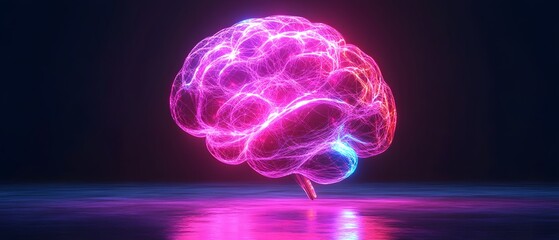 A vibrant, neon-colored brain with electric currents, symbolizing creativity and intelligence. This artistic representation conveys the complexity and beauty of thought processes.