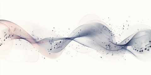 Waves of flowing lines intertwine with musical notes, creating an abstract representation of sound and rhythm in a soft and elegant composition