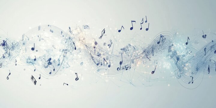 Colorful music notes intertwine in a dynamic wave, showcasing the artistic representation of sound and rhythm in a modern visual style