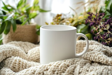 Cozy morning with a warm drink. White mug on a knitted blanket, plants in the background.
