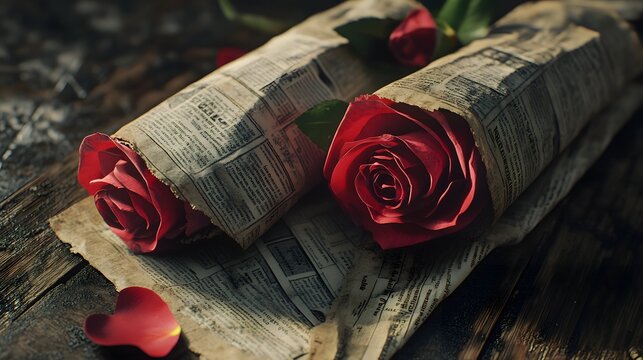 Delicate red roses wrapped in vintage newspaper, resting on a rustic wooden surface. A romantic touch perfect for Valentine's Day or to convey love and elegance.