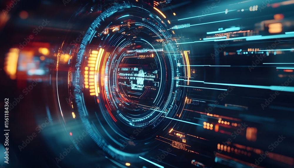 Poster futuristic digital interface with glowing lines and circular elements, representing speed and advanc